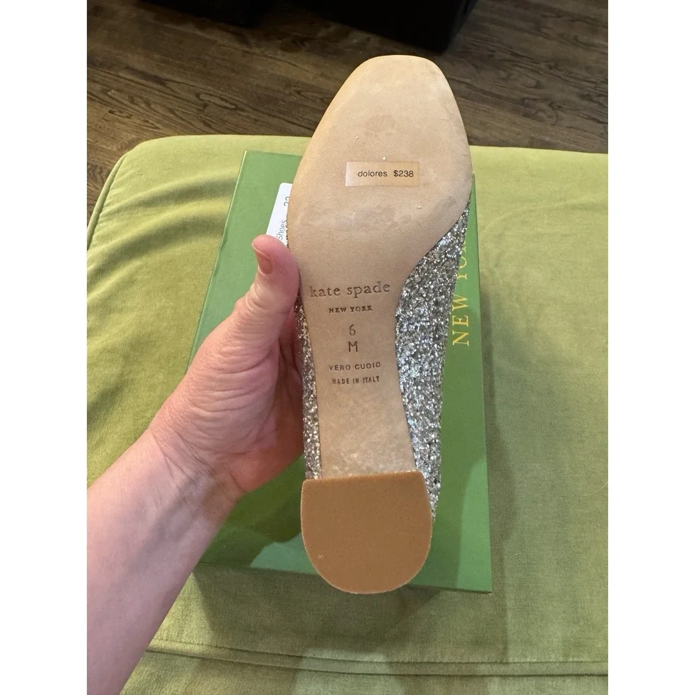 Kate Spade Dolores‎ Silver Gold Glitter Block Heel Pumps Women Size 6 Display